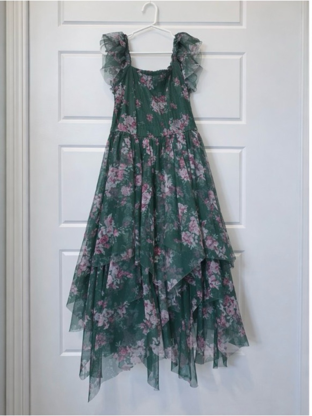 Zhenzi Green Floral Ruffle Tiered Chiffon Dress